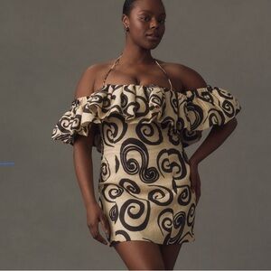 Anthropologie Cream and Black Off-Shoulder Mini Dress